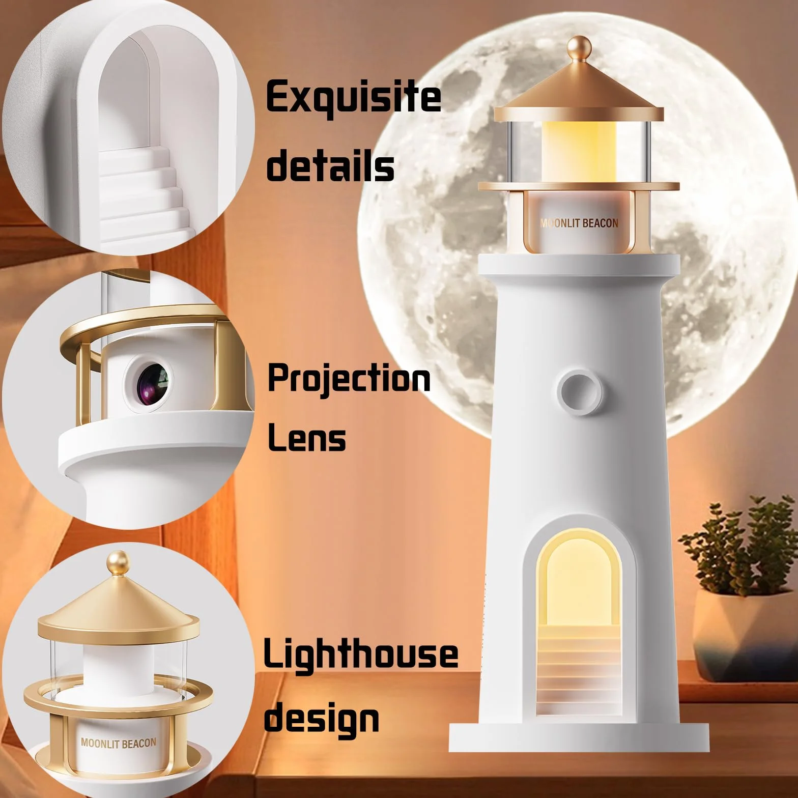 YOUYIKE Luce di Proiezione Lunare, Lampada da tavolo a forma di faro, proiettore di luce notturna, faro con proiezione lunare, Luce Notturna a LED, per Camera da Letto