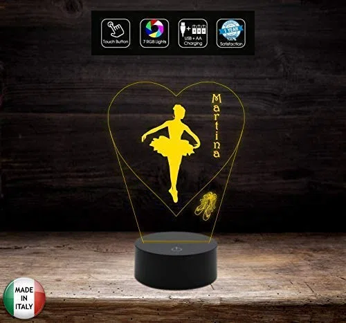 Generico Regalo Ballerina Lampada LED 7 Colori Selezionabili Danza Personalizzabile con Nome Luce da Notte in Acrilico e ABS