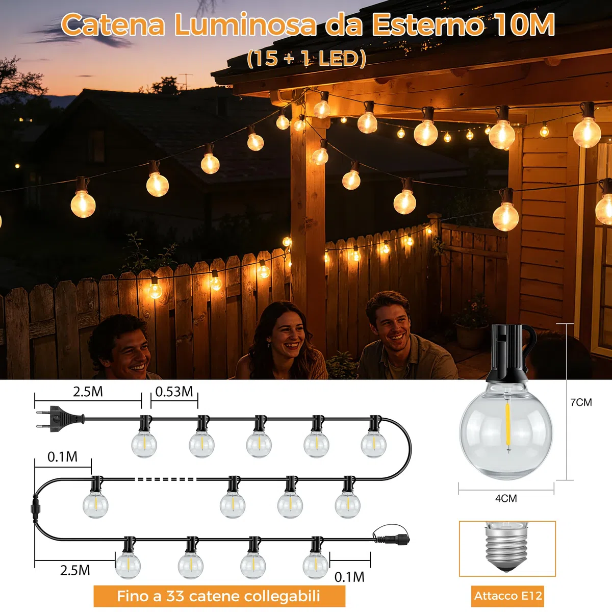 HeiPard Catena Luminosa Esterno, 10M Luci da Esterno Giardino con 15+1 G40 LED Bianco Caldo Luminose Lucine Esterni per Terrazzo Balcone Patio Festa