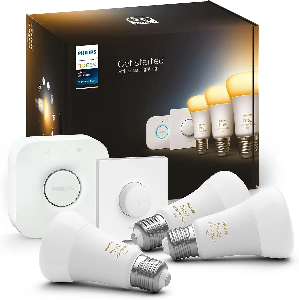 Philips Hue White Ambiance Starter Kit con 3 Lampadine, Bluetooth, Controllo Vocale, Dimmerabili, Attacco E27 + 1 Bridge Hue Controllo Completo del Sistema + 1 telecomando Hue Smart Button, Bianco