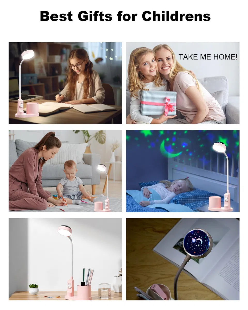 Lampada da tavolo per bambini con portapenne, carina lampada da scrivania LED, lampada da tavolo, lampada da studio per bambini con proiettore, lampada da comodino, tavolo, lampada per bambini
