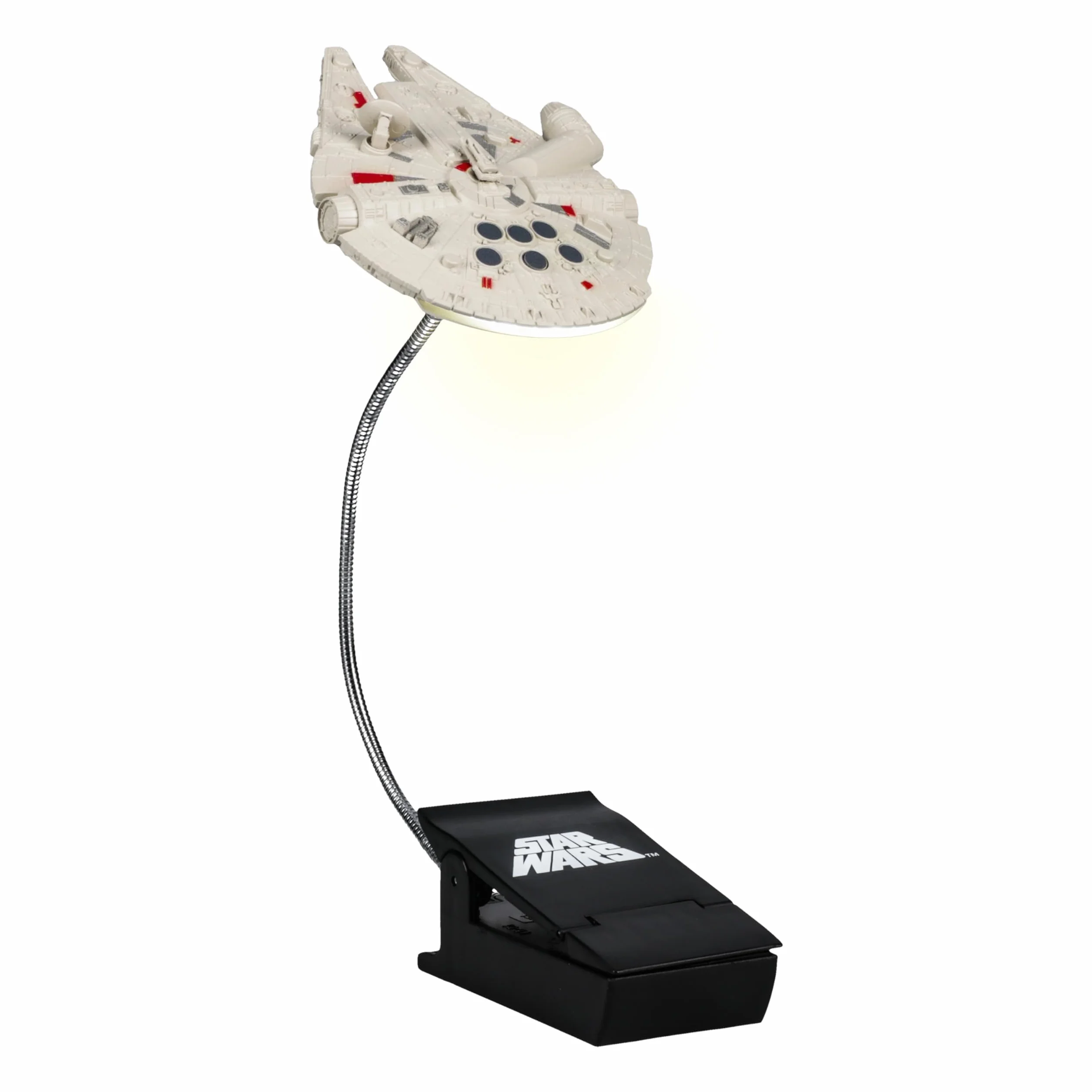 Star Wars Millennium Falcon Clip On Book Light - Lampada da lettura con licenza ufficiale Disney, design con lampada a clip con cavo flessibile, con iconica astronave Han Solo, 3 modalità di