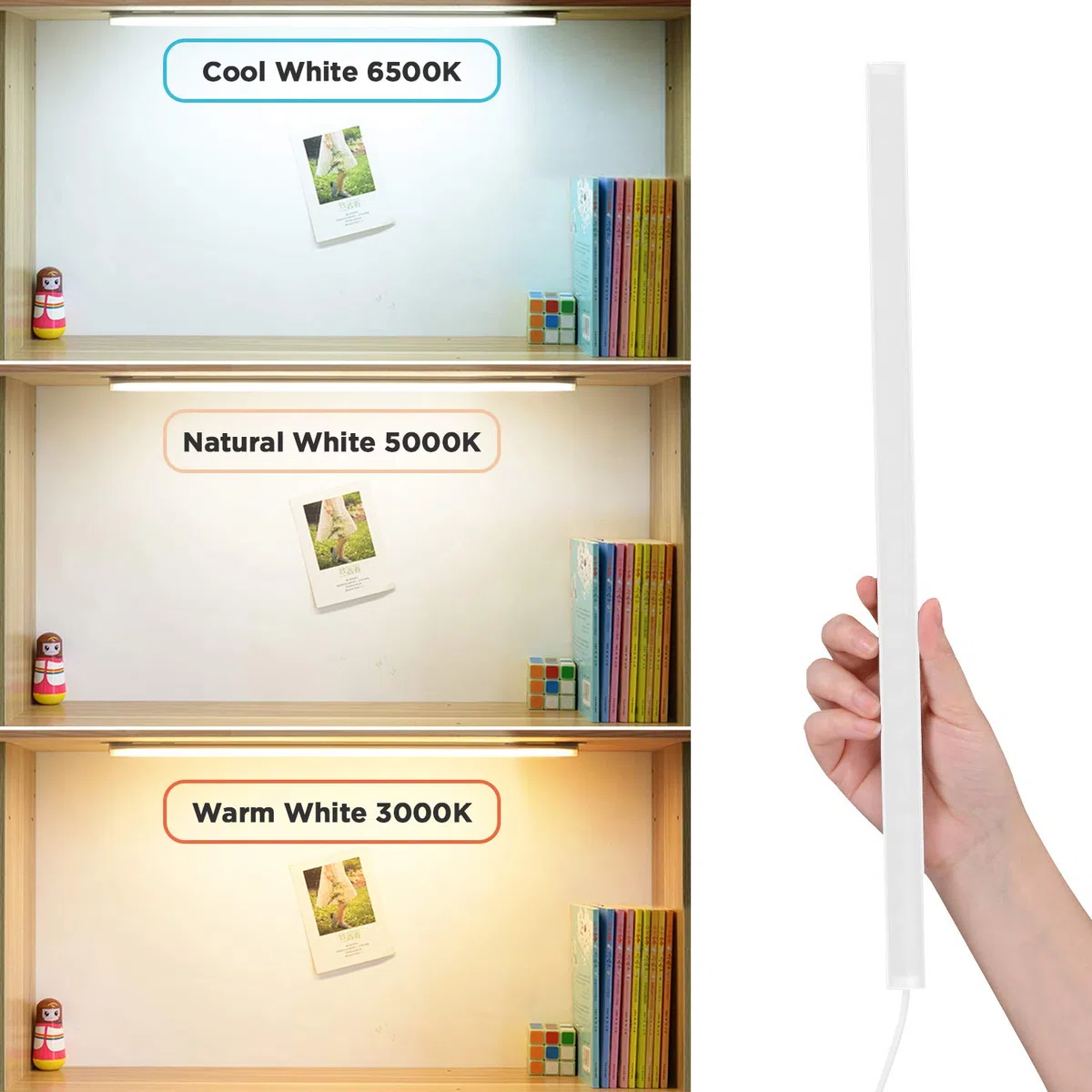 Lampada da incasso a LED, 40 cm, 650 lm, 7 W, dimmerabile, 3 colori di luce, bianco freddo/bianco neutro, facile da montare, lampada da cucina, armadio, cavo da 2 m, con alimentatore di rete USB