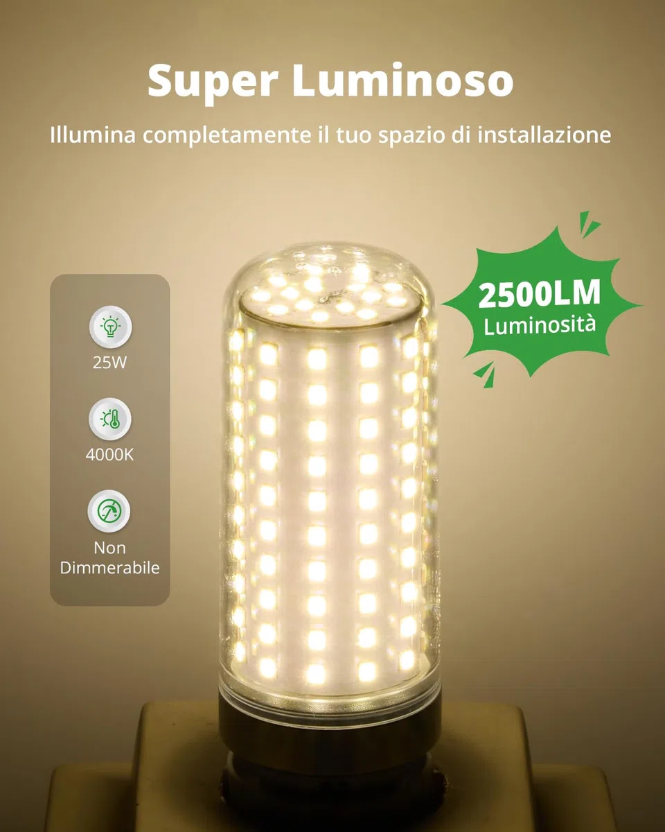 HOMEOW Lampadina LED E27 Luce Naturale 4000K, 25W 2500LM, Equivalenti a 200W Lampada Tradizionale, Lampadine E27 LED Mais Risparmio Energetico, Non Dimmerabile, AC 220-240V, Set di 4