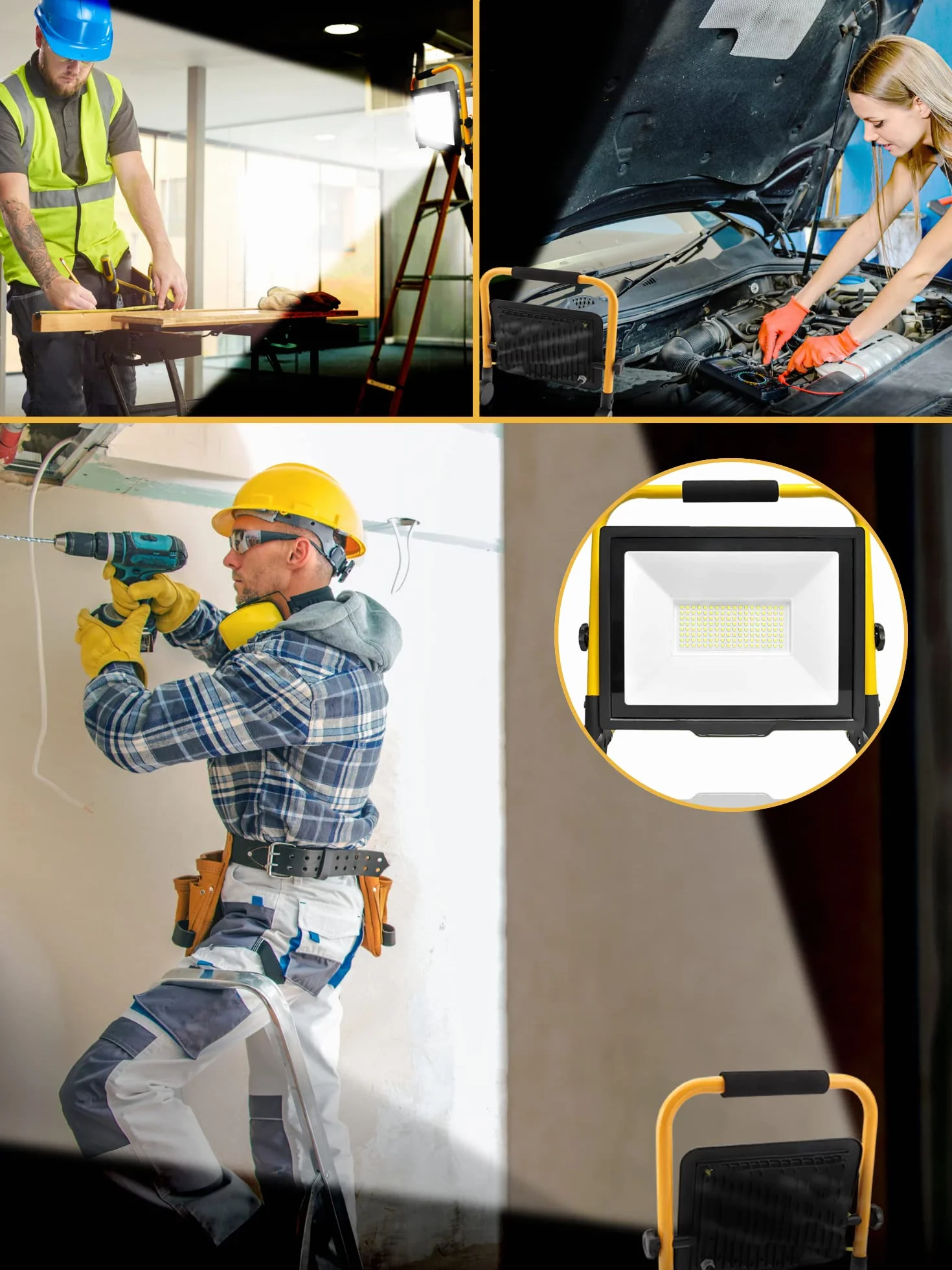 Faretto LED da Cantiere 50W, Faretto Portatile, Luce di Inondazione Bianca 6000K, 5000LM, Girevole a 360º, Impermeabile IP65, Pieghevole, cavo da 3 m. Illuminazione esterna, Officina, Lavoro, Garage
