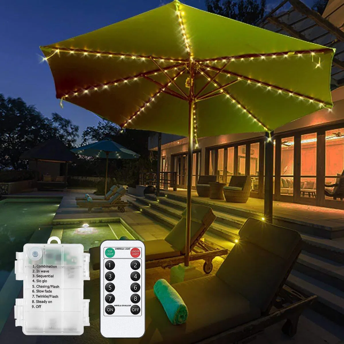 Luci per ombrellone, 104 LED impermeabili a batteria con telecomando, 8 modalità di illuminazione per esterni, patio, giardino, tende da campeggio (Bianco caldo)
