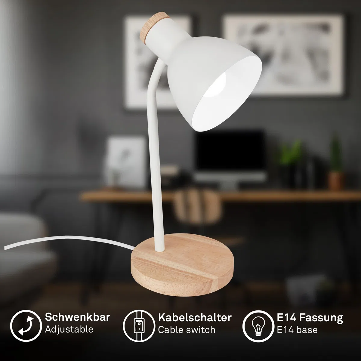 BRILONER - Lampada da tavolo, orientabile, E14, max.10W, lampada da comodino, lampada da scrivania, lampade da comodino, lampada scrivania, lampada comodino camera da letto, 14x38 cm, legno bianco