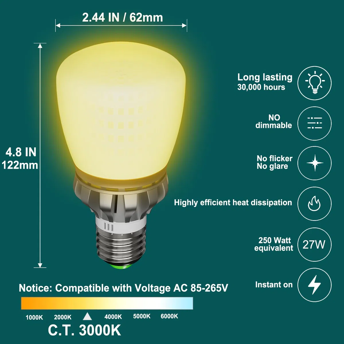 Lampadina LED E27, 27W (Equivalenti a 250W) 3000K Luce Bianca Calda 3760 Lumen, Lampadine E27 LED A60, Angolo del Fascio di 360 Gradi, Non Dimmerabile, Lampada LED, Pacco da 2