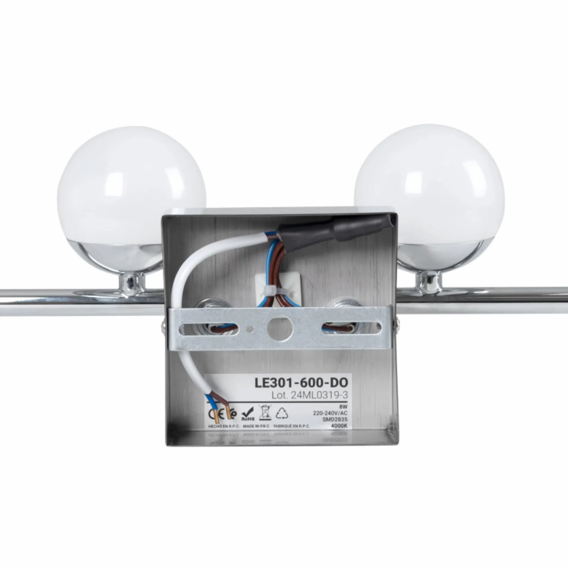 Applique LED per bagno Cromato 12W IP44 con 4 sfere diffusori. Luce bianca neutra 4000K. Barra da 49 cm. Lampada da parete per bagno, illuminazione moderna e funzionale per specchio e lavabo.