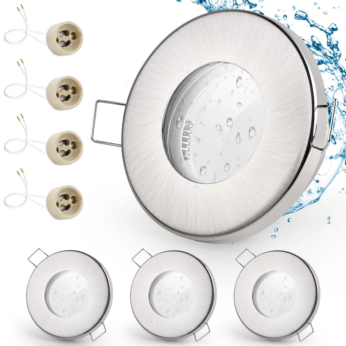 GeyouLux 4x Faretti LED da incasso IP65 cornice con presa GU10 Faretti LED Soffitto in ferro Nichel spazzolato Foro da 68mm Faretti da incasso per cartongesso bagno cucina Rotondo