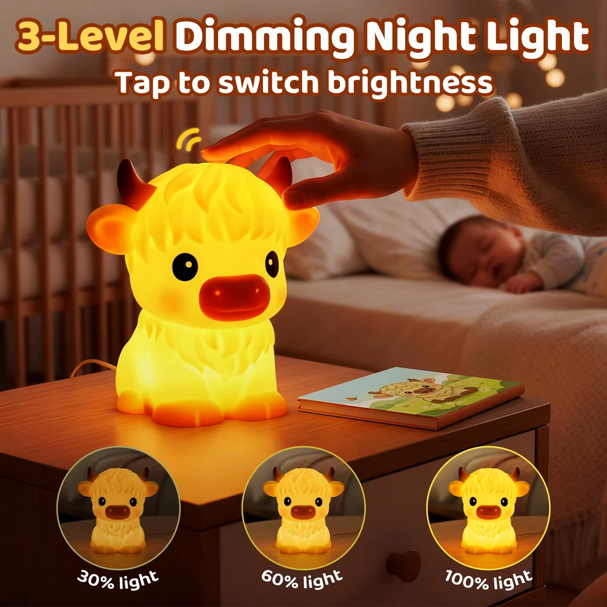 Mewaii Huggwaii, Luce notturna a forma di mucca delle Highland per bambini, dimmerabile, in silicone, a forma di mucca, con 30 timer di spegnimento automatico, decorazione carina per ragazzi e ragazze