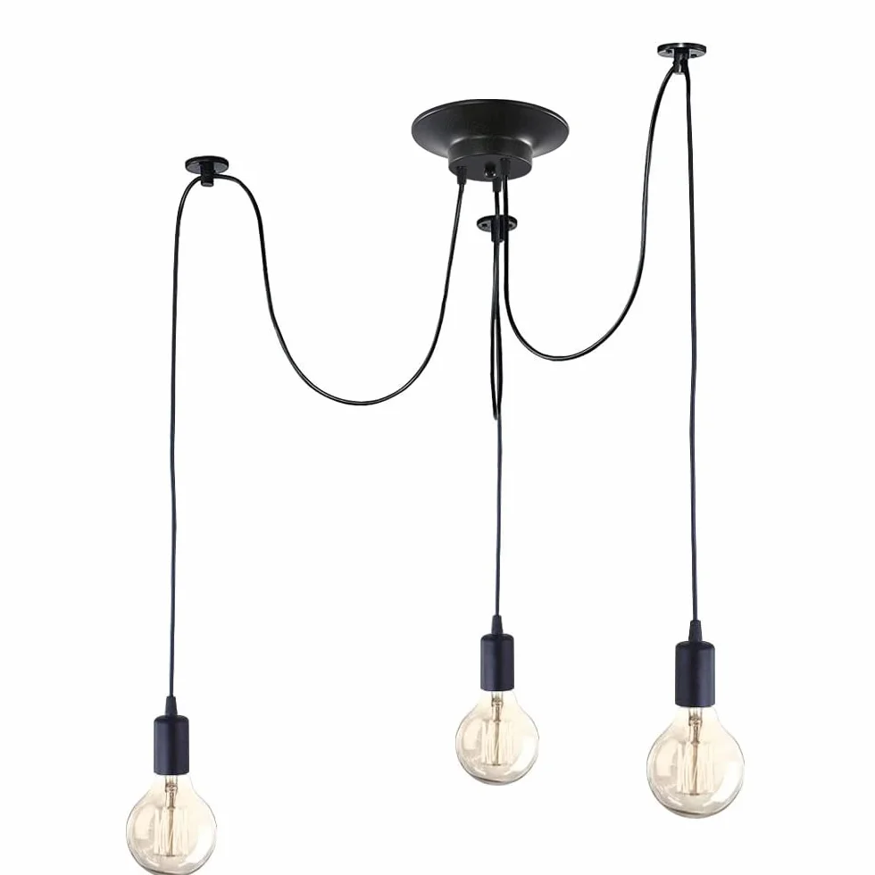 iDEGU Lampadario a Sospensione, Retrò Industriale Lampada da Soffitto con 3 Bracci a Stile Ragno Creativo DIY Lampada a Sospensione Vintage con Attacco E27 per Soggiorno Camera da Letto, 150CM, Nero