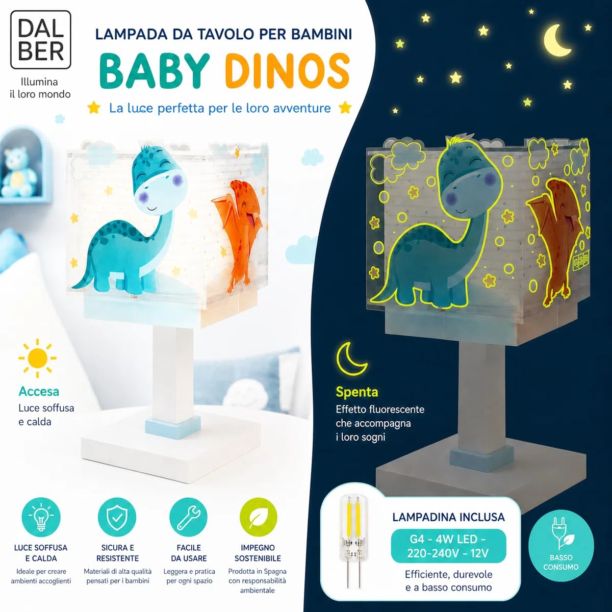 Dalber Lampada da tavolo o da comodino per bambini Baby Dinos Dinosaurs, 63451, G4 - LED 4W - Lampadina inclusa