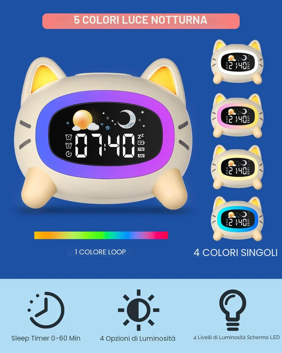 Uplayteck Sveglia per Bambini, Sveglia da Comodino per Bambine con 5 Luci Notturne & 4 Livelli di Luminosità, USB Ricaricabile Sveglie Luce Notturna con Snooze & 2 Allarme, Digitale LED con 7 Musica