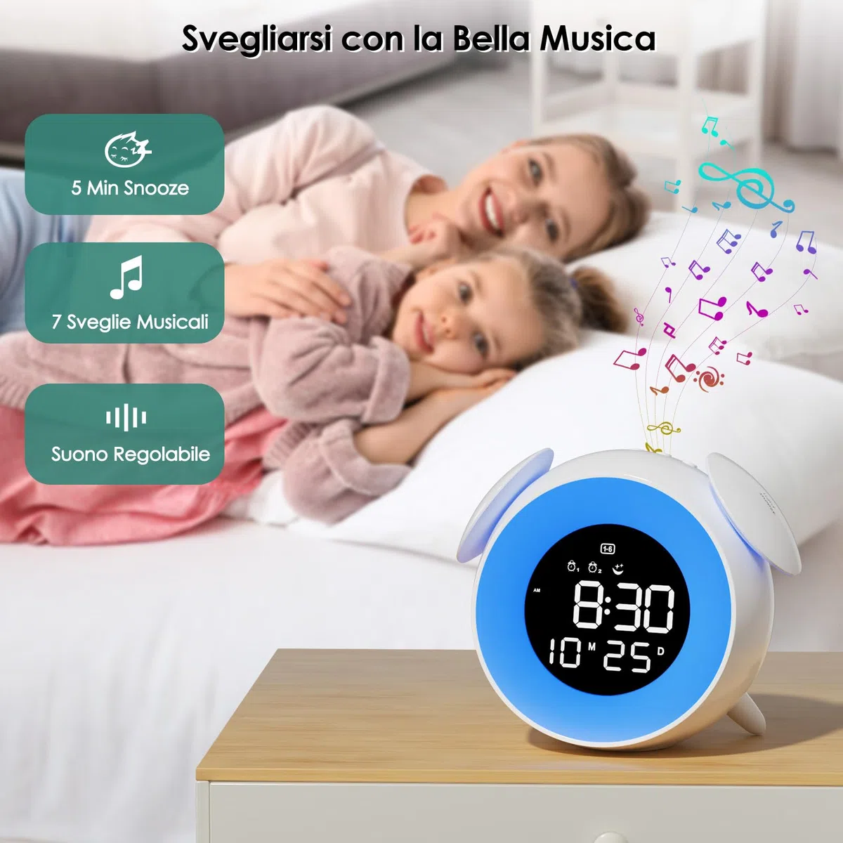 Sveglia Digitale per Bambini, Sveglia Bambini da Comodino con Doppio Allarme, 10 Colorate Luci, Snooze, Modalità Giorno della Settimana, 7 Suonerie, 12/24H per Ragazze Ragazzi