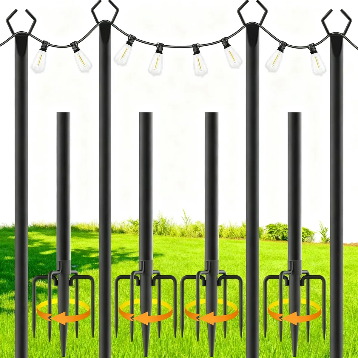 Confezione da 4 Aste in Metallo con Forchetta, 3m/10ft Pali per Illuminazione Esterna, Supporto per Illuminazione Resistente per Esterni, Patio, Terrazza, Cortile, Matrimonio, Festa