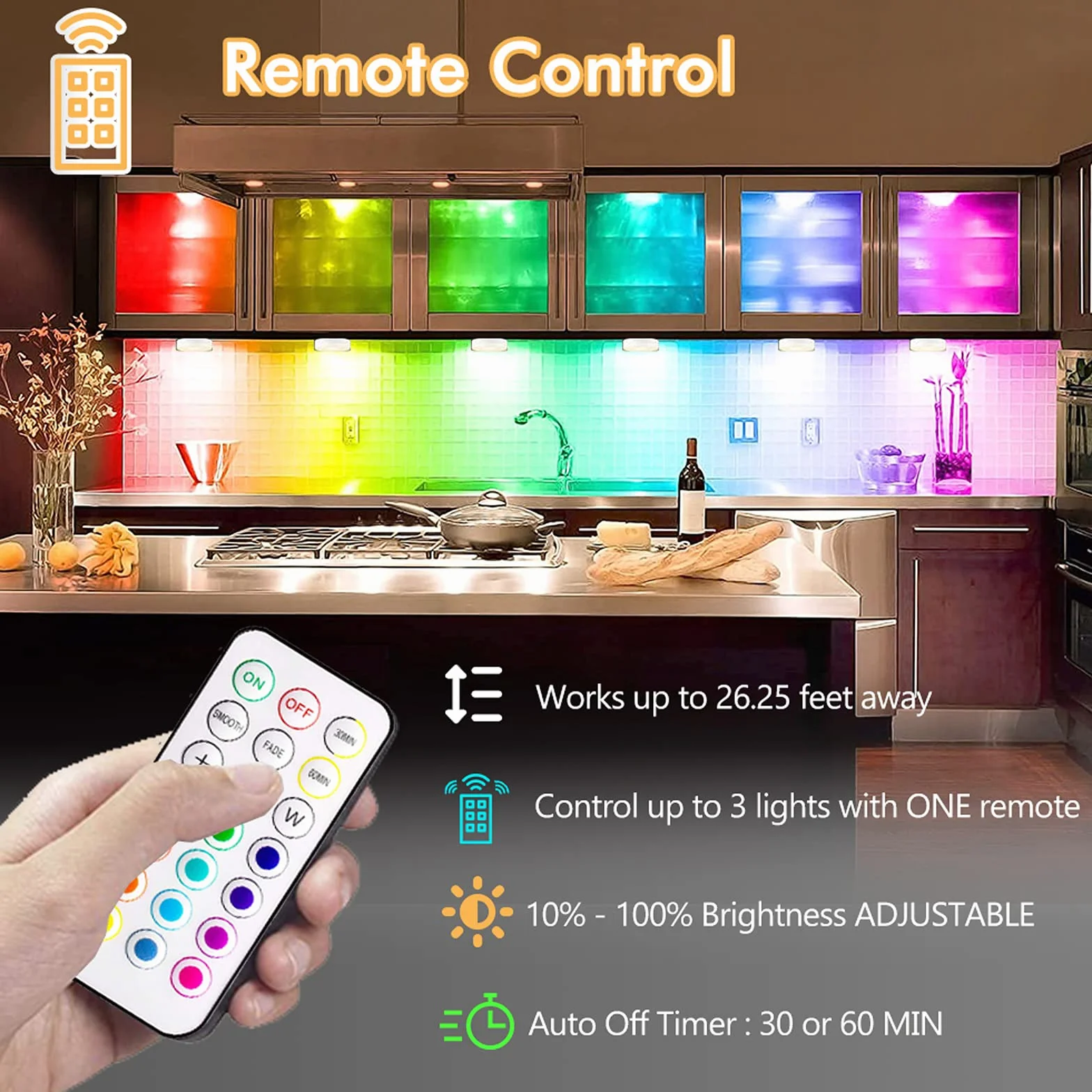Faretto LED RGB a Batteria, 3 Pezzi Luce da Armadio Senza Fili con Telecomando Luci Sottopensile Cucina Colorate Faretti Senza Corrente Luce Notturna Lampada Adesivi per Scale Vetrine Guardaroba