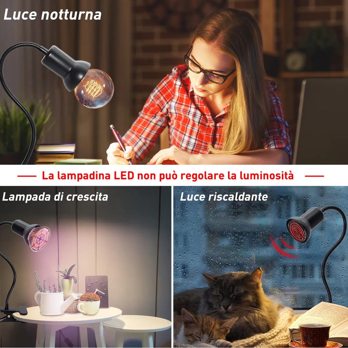 Lampada da Lettura con Pinza Lampada da Scrivania a Clip LED con 40cm Collo di Cigno Flessibile Luce da Letto a Clip con 220cm Cavo E27 Lampada a Morsetto per Rettili, Max 75W (Switch-Nero*1)