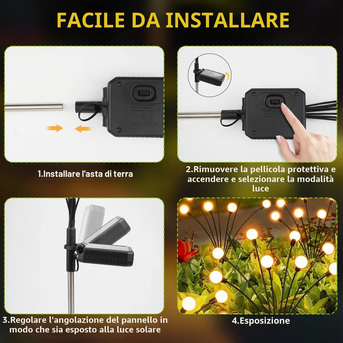Luci solari per giardino esterno, confezione da 4 8 luci a LED a energia solare, per esterni, altezze aggiornate, modalità opzionali, luce lucciola, impermeabile IP65, luci solari per vialetto,