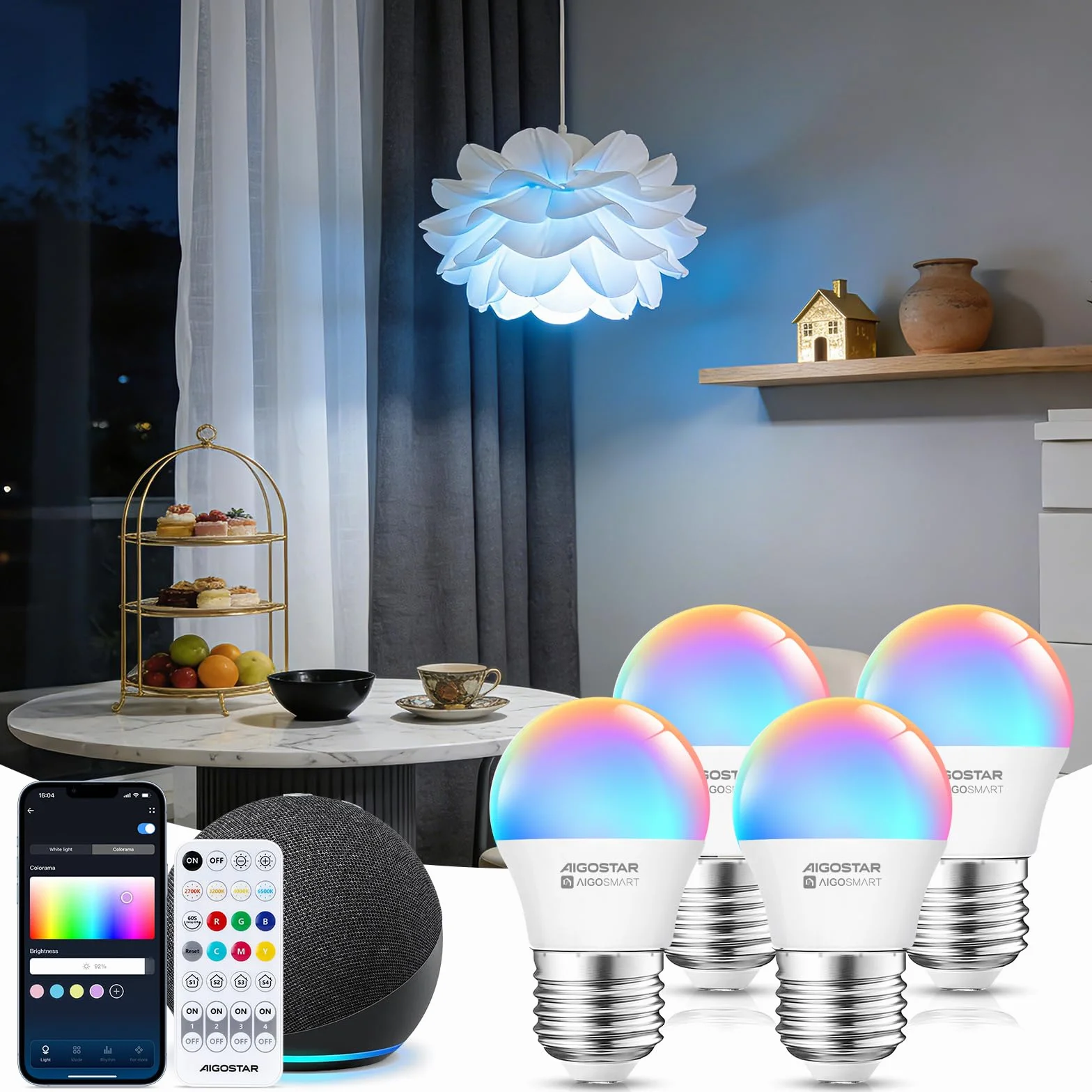 Aigostar Mesh - G45 6.5W Bluetooth Mesh Smart Bulb, Alexa E27 LED 555LM RGB & 2700K-6500K, Alexa Lampadina 16 milioni di colori, 4 unità (con telecomando Bluetooth)