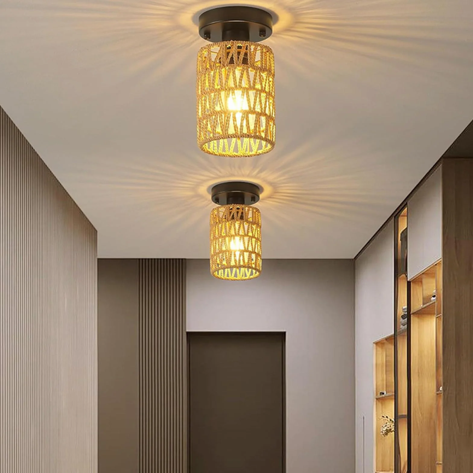 Paralume Lampada 2 Pezzi Paralume Rattan Retrò Boho Larghezza 15 cm E27 E14 per Lampadario Soffitto Lampada da Tavolo Lampade da Terra Pendenti