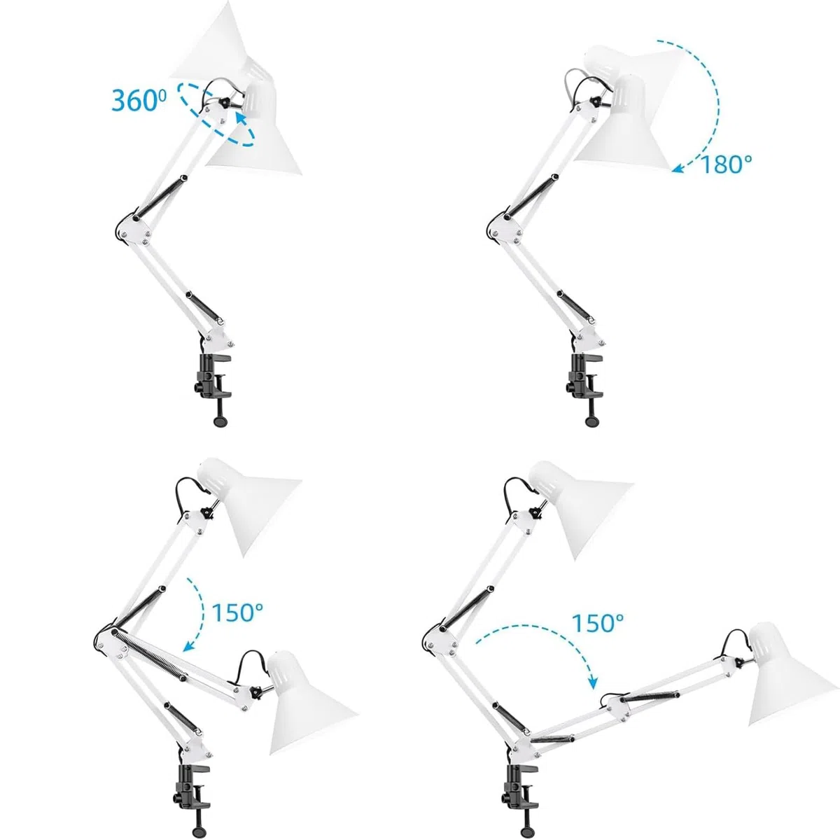 Voltix Lampada da Scrivania con Morsetto – Lampada da Tavolo Vintage E27 MAX 40W, Braccio Pieghevole e Testa Orientabile per Ufficio e Casa – Lampadina NON Inclusa (Bianco)