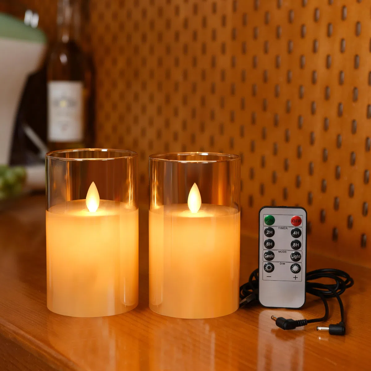 Lonkenn 2 pezzi Candele LED Ricaricabili, Fiamma Tremolante Candela LED con Marrone Vetro, Ricaricabili Candela con Telecomando e Timer per Natale Feste Decorazione Casa Matrimonio -12.5cm