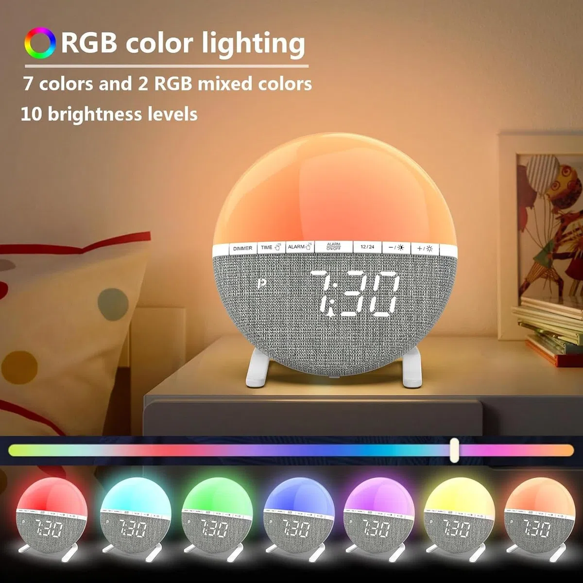 SUNOYA Sveglia con luce diurna, sveglia con luce digitale, 7 suonerie, 7 colori, lampada da comodino per camera da letto e casa