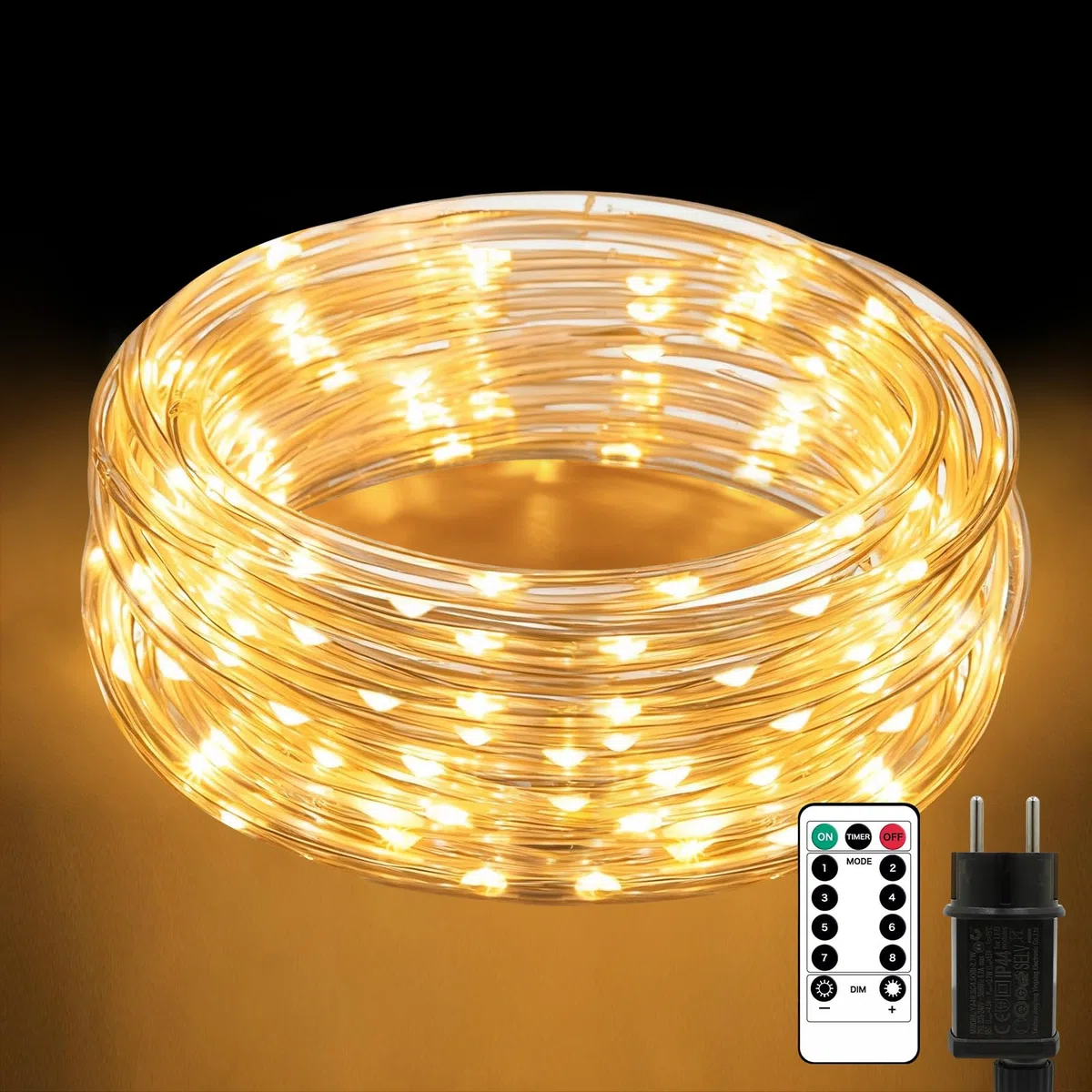 Tubo luminoso da 10 m, 200 LED con telecomando, diametro 7,5 mm, per esterni, IP65, impermeabile, 8 modalità, dimmerabile e timer, tubo luminoso a LED, per interni ed esterni, Natale, giardino, feste