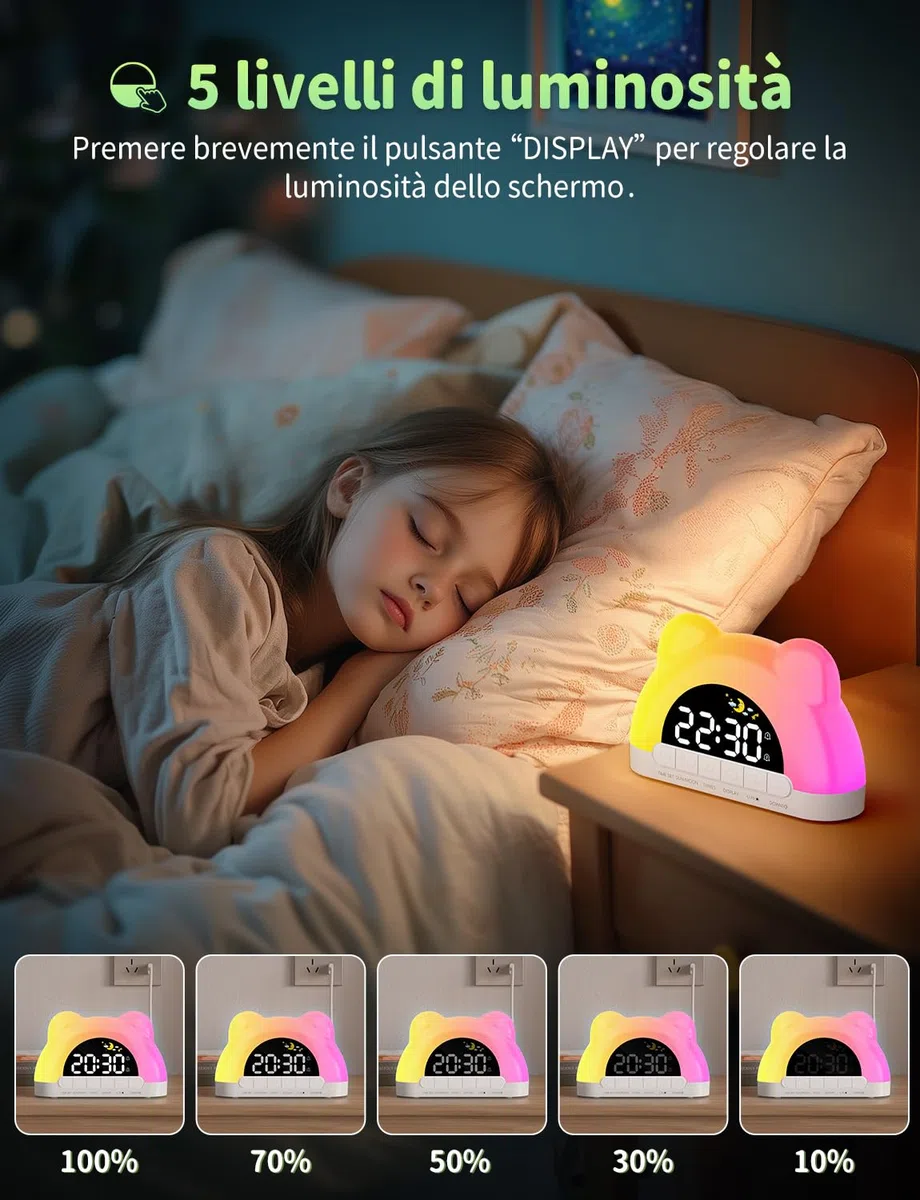 Sveglia Digitale per Bambini 12/24 Ore, Sveglia da Comodino con 11 RGB Luce, 5 Livelli di Luminosità, Doppia Modalità Giorno/Notte, per Allenamento del Sonno