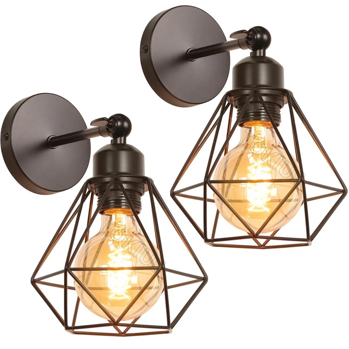 Lampada da Parete Interna Industriale Applique da parete Gabbia Interno E27 Metallo Lampadari e Plafoniere Cucina regolabile 180° Per Cucina Camera da letto (Nero, 2 pezzi)