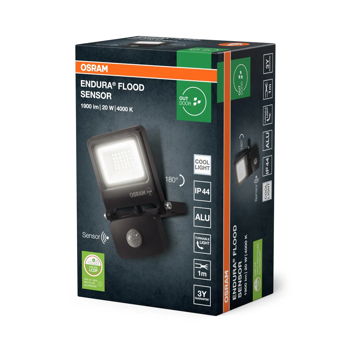 OSRAM Proiettore LED ENDURA FLOOD PC 20W con sensore, 4000K, 1800 lumen, IP44 con rilevatore di movimento IR, tempo/lux regolabile, grigio scuro
