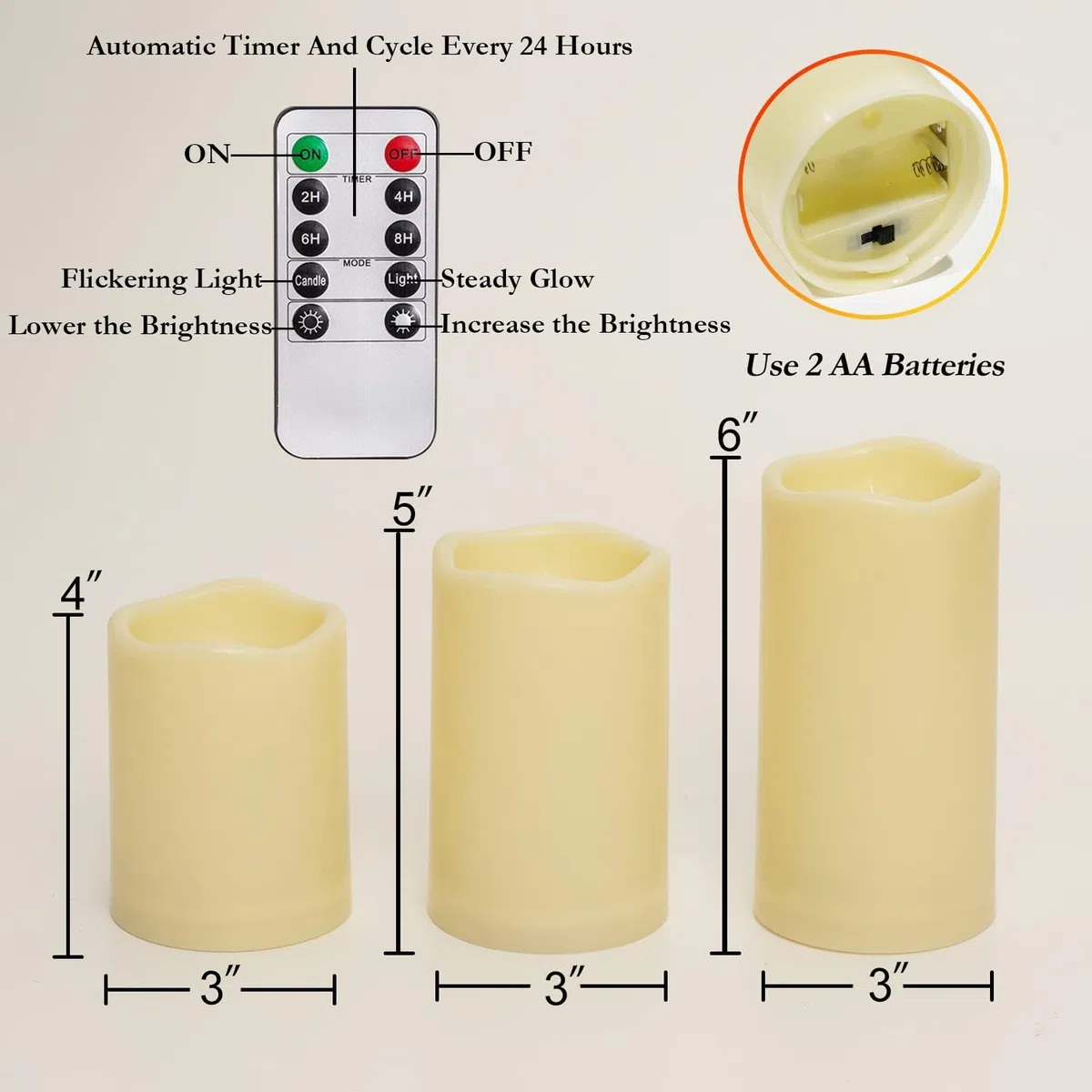 AMAGIC Candele senza fiamma, impermeabili, a batteria, con telecomando e timer, a lunga durata, set da 3