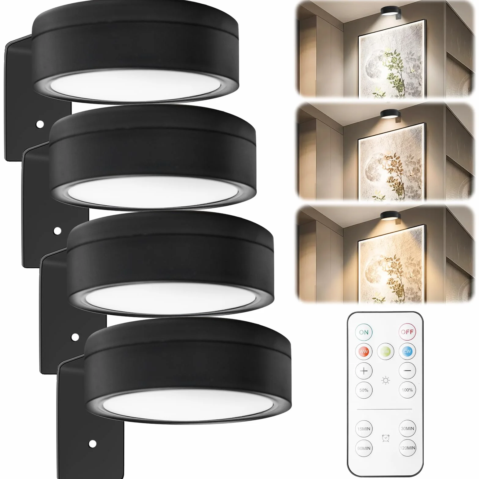 GBKDQQ Confezione da 4 luci per quadri, batteria ricaricabile, 3 temperature di colore, dimmerabile, indicatore artistico, luce di accento