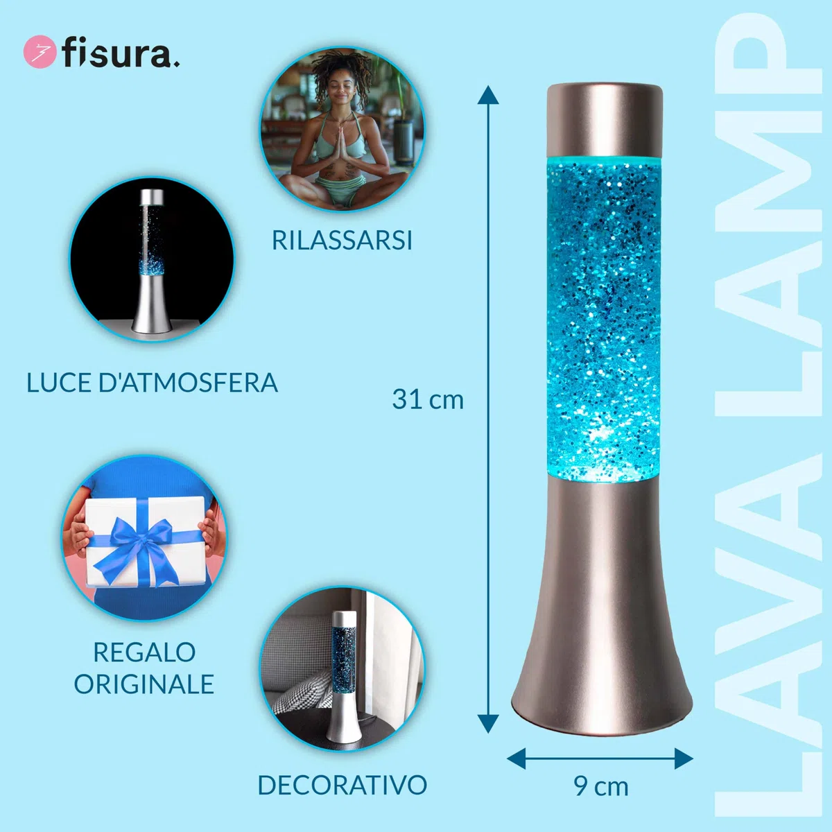 Fisura - Lampada lavica blu glitter. Lampada di lava da 30 cm con base argentata, liquido blu e glitter. Lampada ad effetto rilassante. 9x9x30 cm