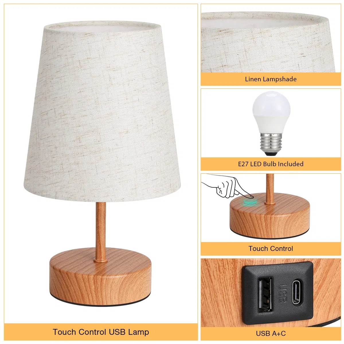 Lampada da Comodino Touch con Porte di Ricarica USB-C+A, Dimmerabile a 3 Vie, Paralume in Lino Base in Legno Scuro, Piccola Lampada da Tavolo per Camera da Letto Soggiorno Ufficio