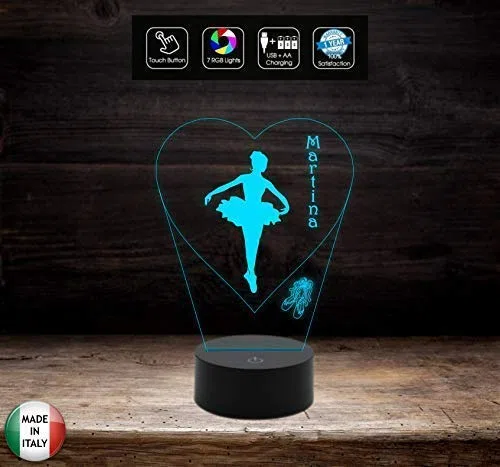 Generico Regalo Ballerina Lampada LED 7 Colori Selezionabili Danza Personalizzabile con Nome Luce da Notte in Acrilico e ABS