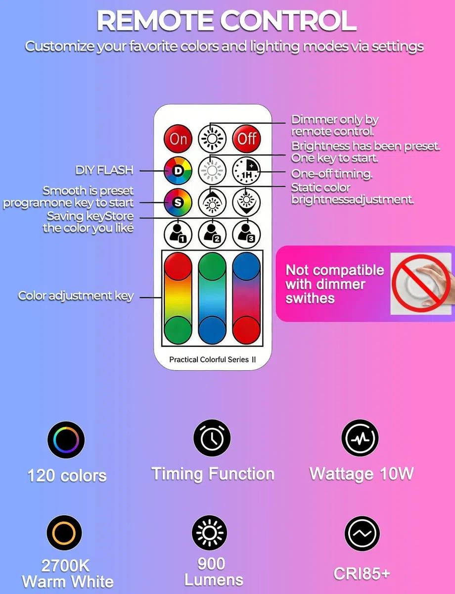 iLC Lampadina LED cambia colore, 120 colori, equivalente a 70 Watt, strobo fai da te, bianco caldo 2700K RGB con telecomando, LED 10W A60 E27 vite (confezione da 2)