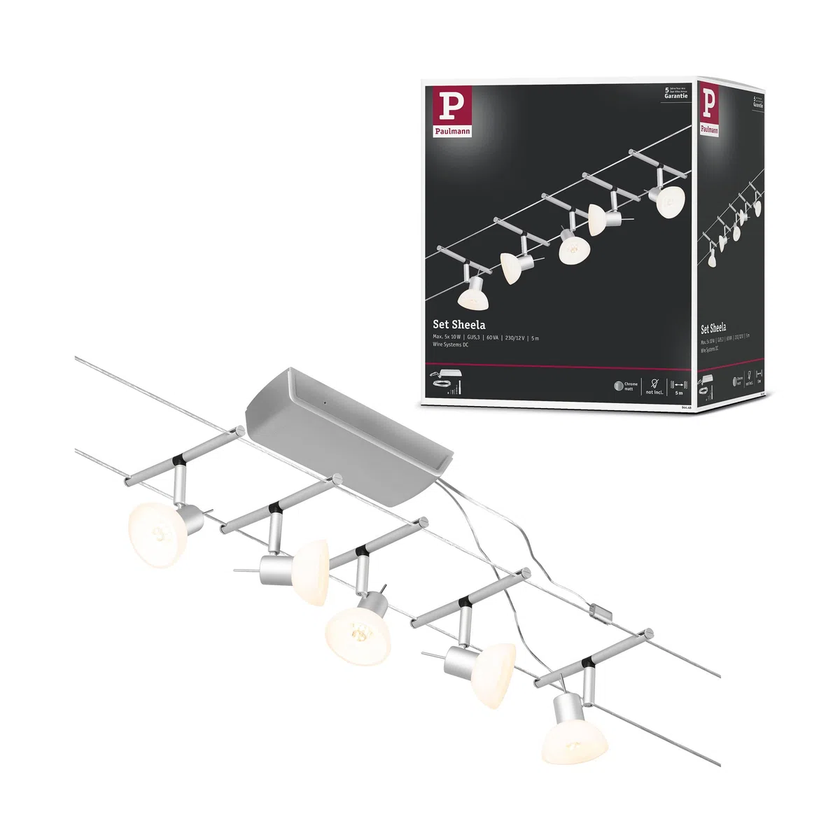 Paulmann CorDuo, sistema di cavi per faretti, 94448, set Sheela, massima CC 5 pezzi da 10 Watt l’uno, estensibile, cromato, opaco, cavi, in plastica, GU 5,3, senza lampadine