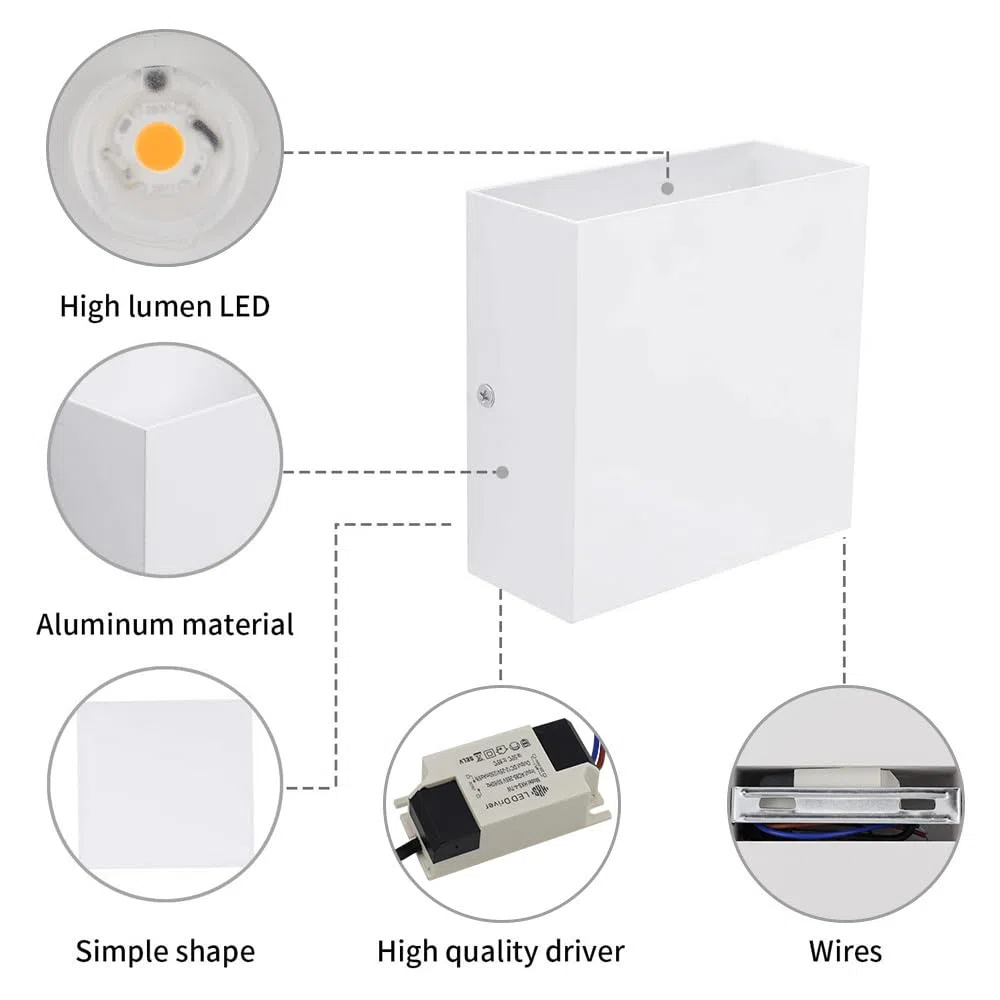 CHEVVY 2 lampade da parete a LED per interni, colore bianco, 7 W, lampada da parete moderna a LED, per esterni, in alluminio, luce bianca calda, 3000 K