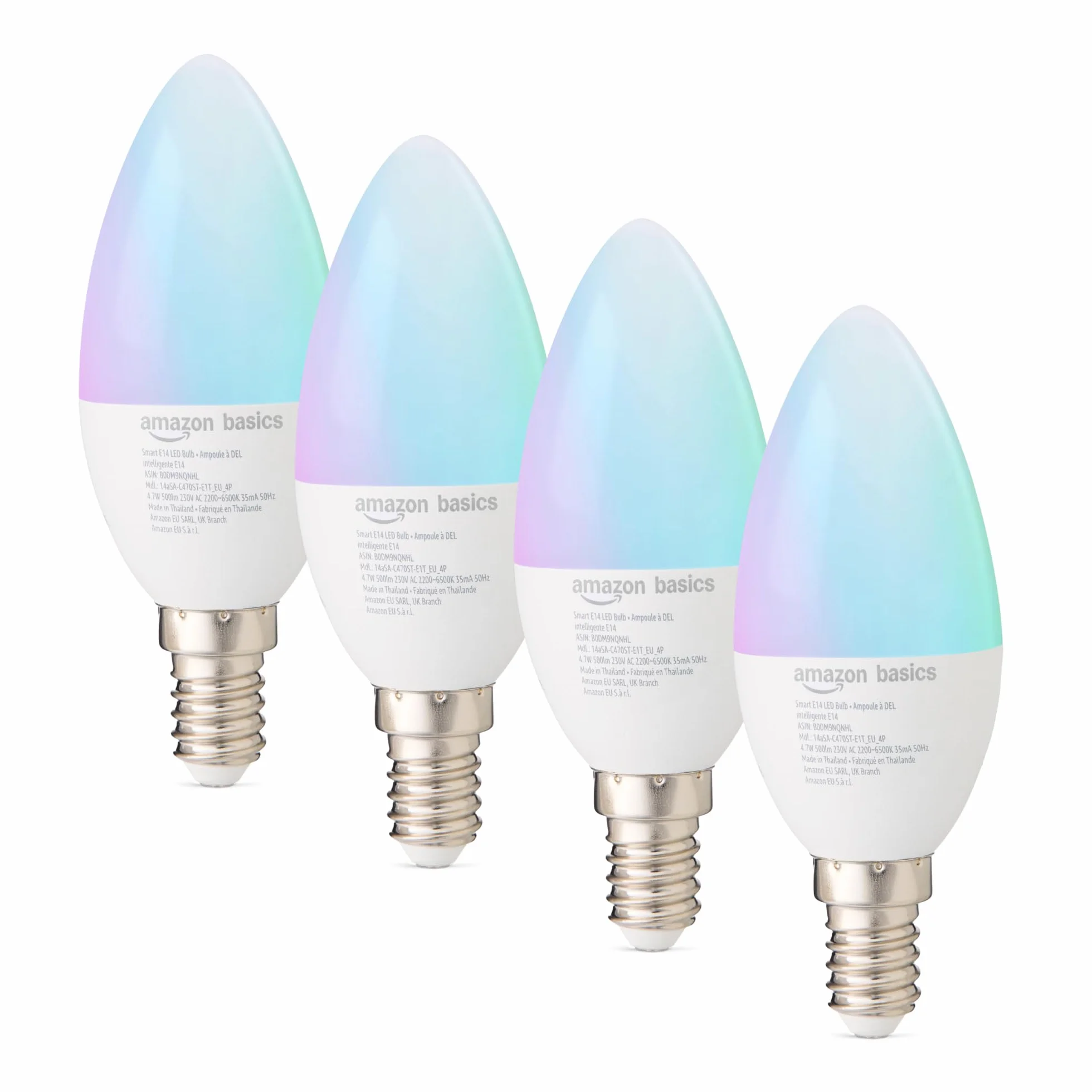 Amazon Basics - Lampadina intelligente E14, 2,4 GHz, Wi-Fi: nessun hub richiesto, funziona solo con Alexa, cambia colore, confezione da 4