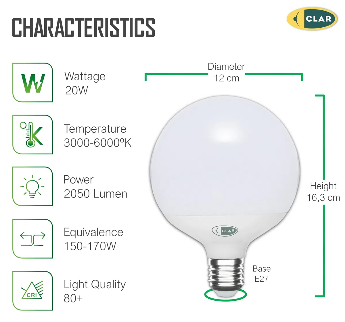 CLAR - Lampadine Grandi A Palla, Lampadina Led E27 Sfera Grande, Globo LED 20W E27, Lampadina Globo E27, Diametro 120 mm (G120), Lampadina non dimmerabile, Luce Calda 3000ºK (Pack 3)