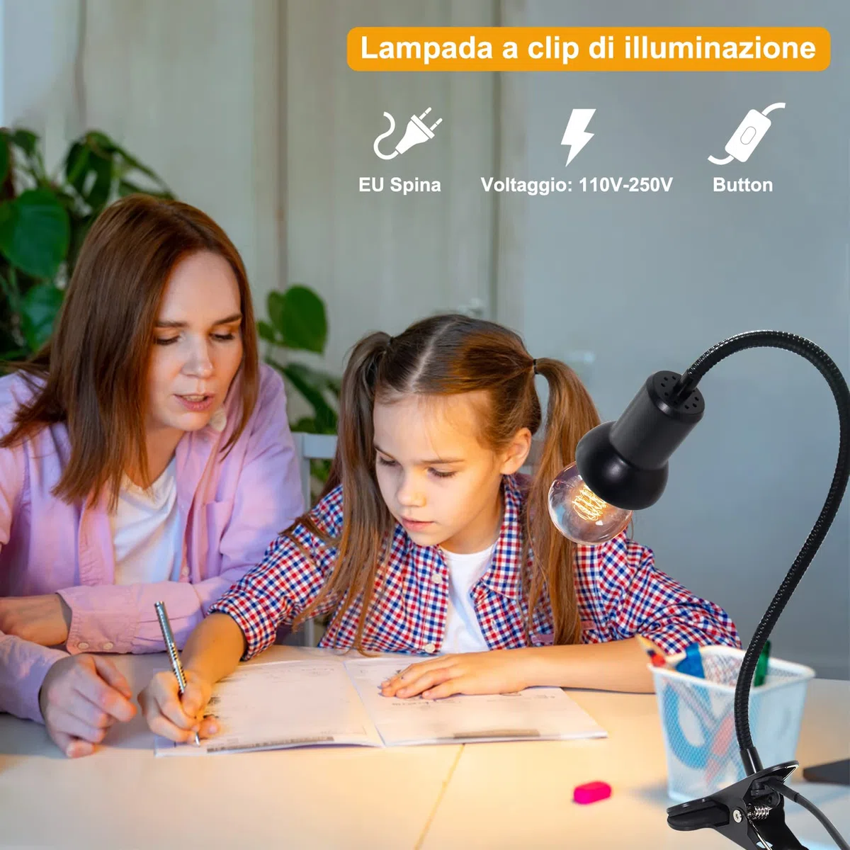 Lampada da Lettura con Pinza Lampada da Scrivania a Clip LED con 40cm Collo di Cigno Flessibile Luce da Letto a Clip con 220cm Cavo E27 Lampada a Morsetto per Rettili, Max 75W (Switch-Nero*1)