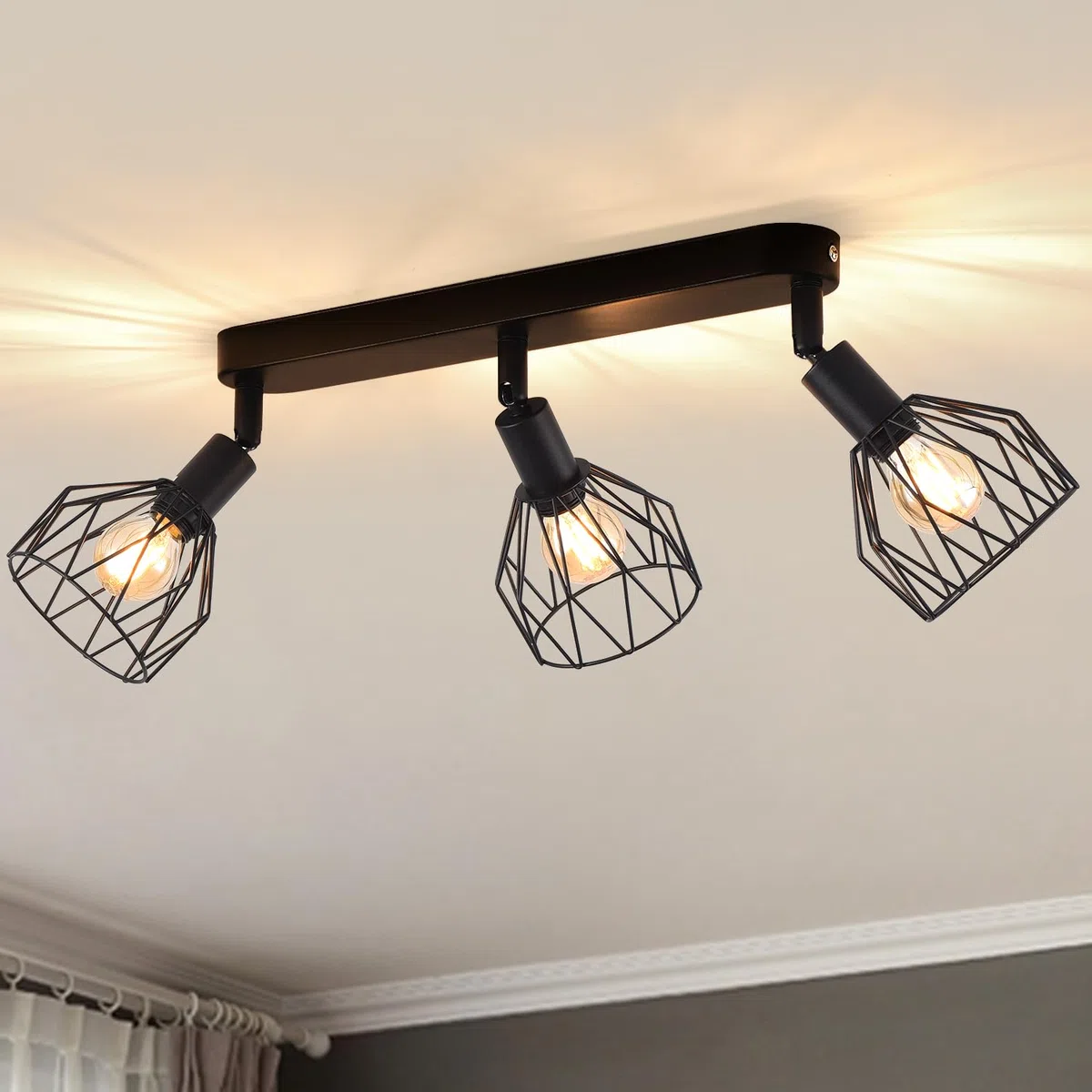 ANWIO Faretti LED Soffitto Regolabili Base Rettangolare,Faretti da Parete con 3 Lampadine LED Attacco E14,Plafoniera Parete,Lampadario Vintage per Negozio,Bar,Cucina,Soggiorno,Lampadine Escluse EUC-EA