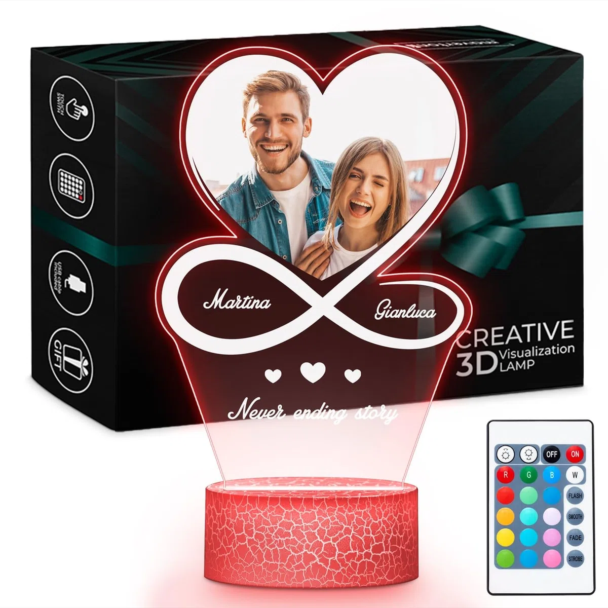 Maverton Lampada con Targa Personalizzata - Targhetta Personalizzata con Luce Notturna - Base Multicolore Caricatore e Telecomando - Idea Regalo Coppia Anniversario