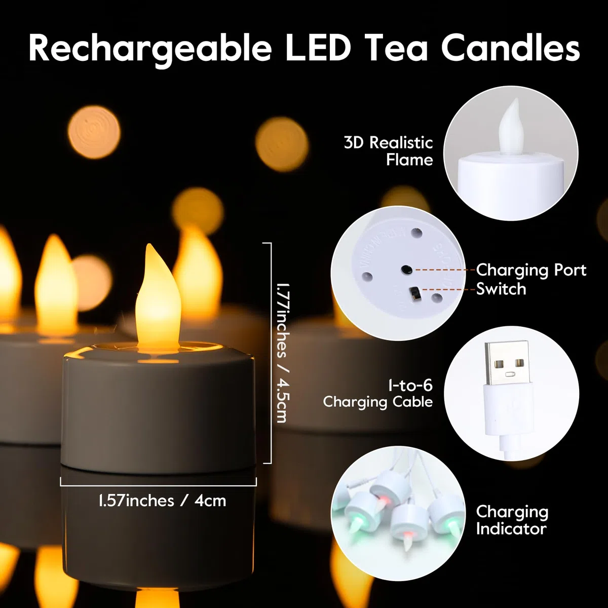 EXTSUD Candele LED ricaricabili | Confezione da 6 candele elettriche a LED con telecomando e timer, ricarica USB, senza fiamma, con 5 livelli di luminosità, per matrimoni, Halloween, Natale, festival