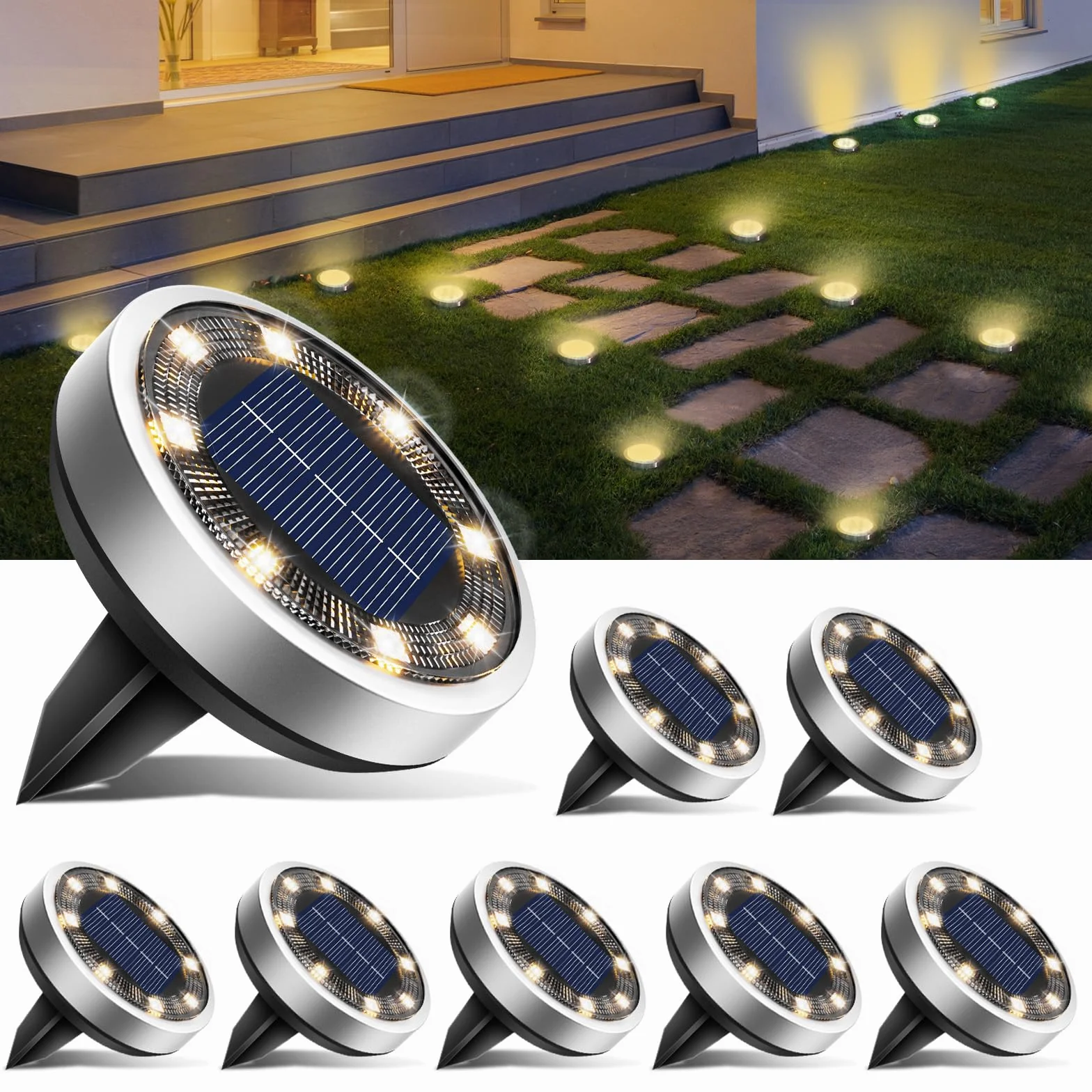 btfarm 8 Pezzi Luci Solari da Giardino, 8 LED Faretti Sepolta Solari a Led da Esterno, IP65 Impermeabile Lampade Faretto Solare da Terra per Prato Vialetto Cortile Strade Paesaggio, Bianco Caldo