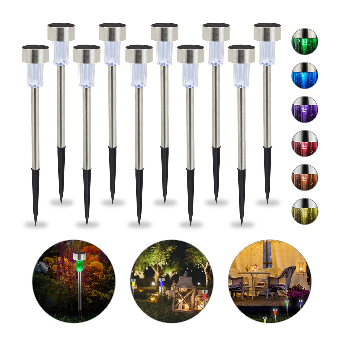 Relaxdays Set da 10 Lampade Solari a LED Impermeabili, per Giardino Terrazza in Acciaio Inox, Cambio di Colore, Argento