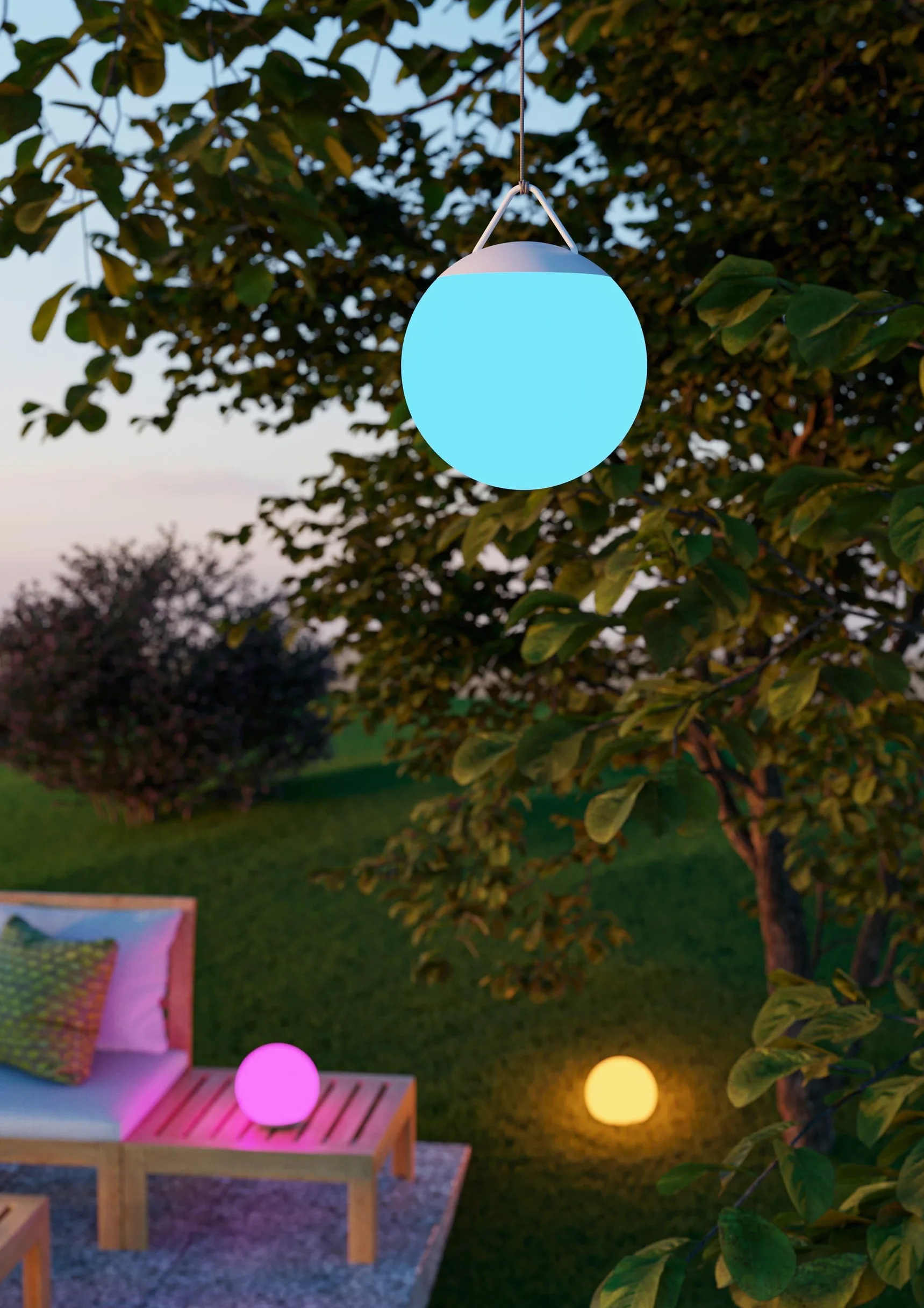Eglo Sfera a LED da giardino Poggiobello, a batteria, rotonda, con telecomando, dimmerabile, con picchetto e sospensione, in plastica bianca, cambio di colore RGB, IP44, Ø 20 cm
