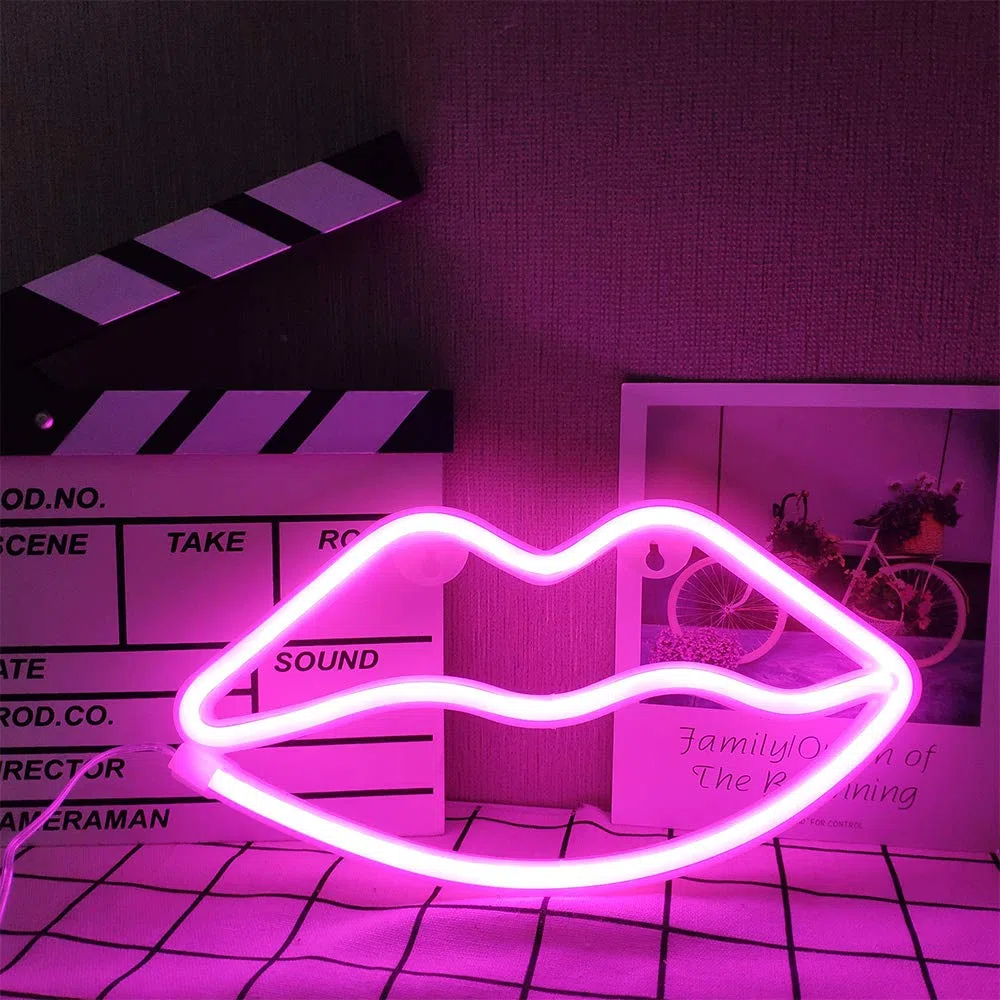 ENUOLI Pink Lip Insegne al neon Luce notturna al neon Applique da parete al neon Led Arte decorativa Luci al neon Lampada a led a batteria o USB per la festa di Natale Compleanno Matrimonio